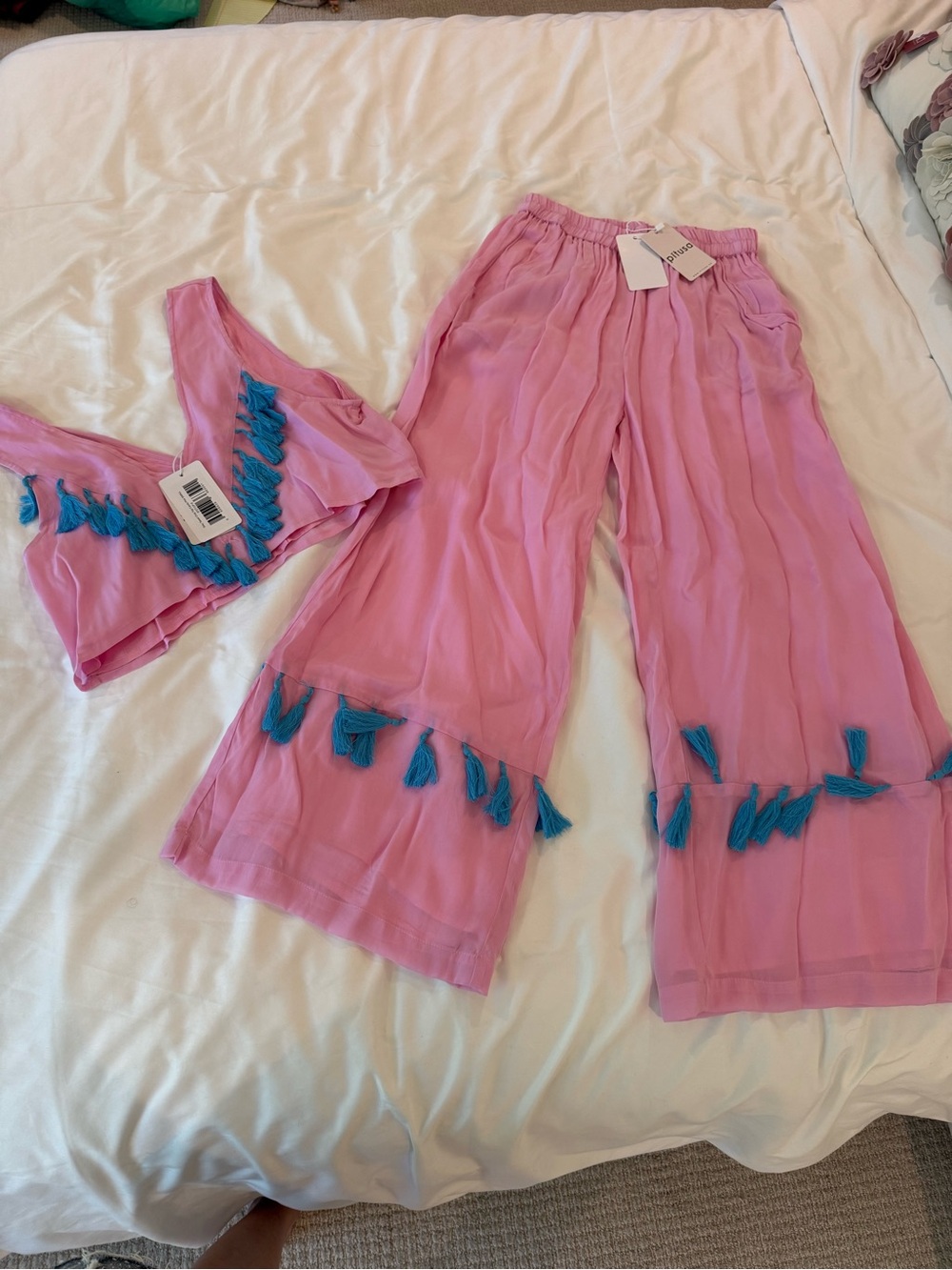 Pitusa Pink Tassel Two-Piece Crop Top and Culottes with Blue Tassels (NWT)